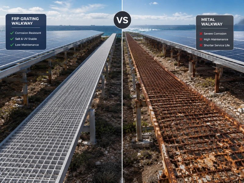 De ce grătarul FRP este cel mai bun material pentru căile fotovoltaice O&M (Grătul solar FRP vs metal)