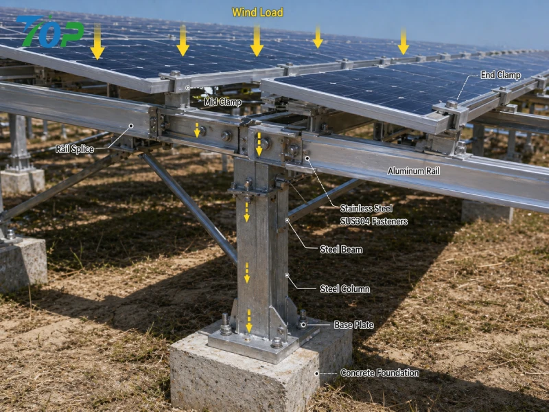 solar mounting system load transfer from panel to rail to support structure with clamps and bolts