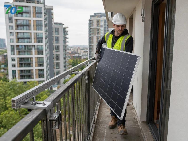 nstaller carrying lightweight photovoltaic panel during high-rise balcony solar installation